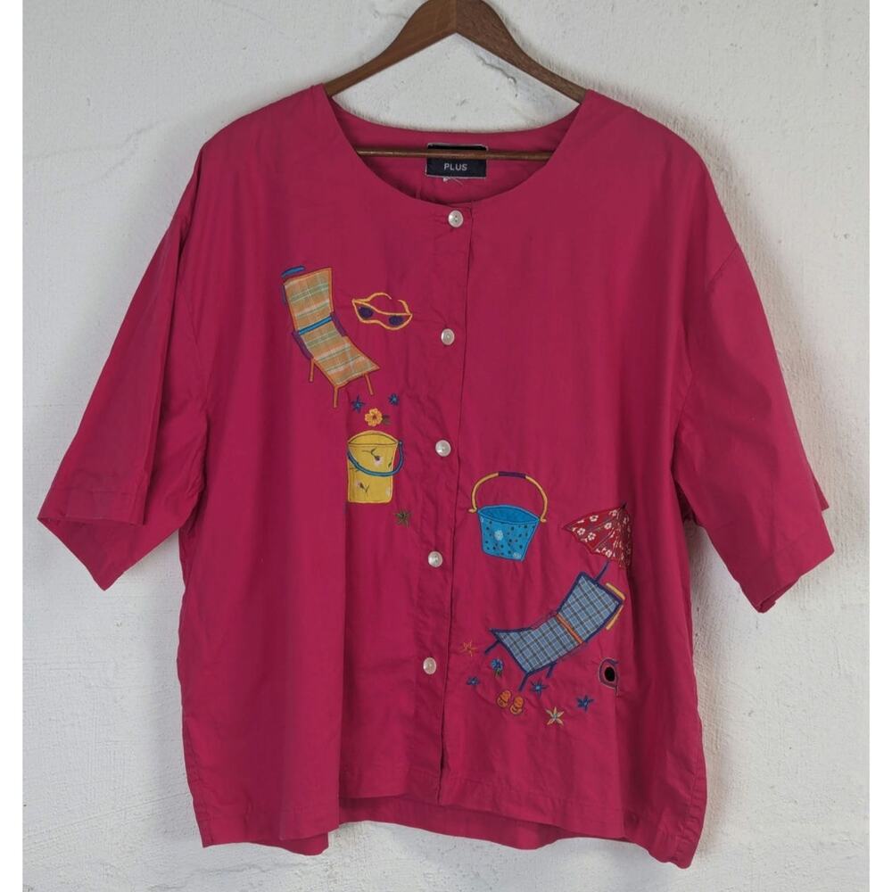 Vtg Novelty Beach Blouse Pink Vacation Summer Colorful Retro Unique Womens 2X